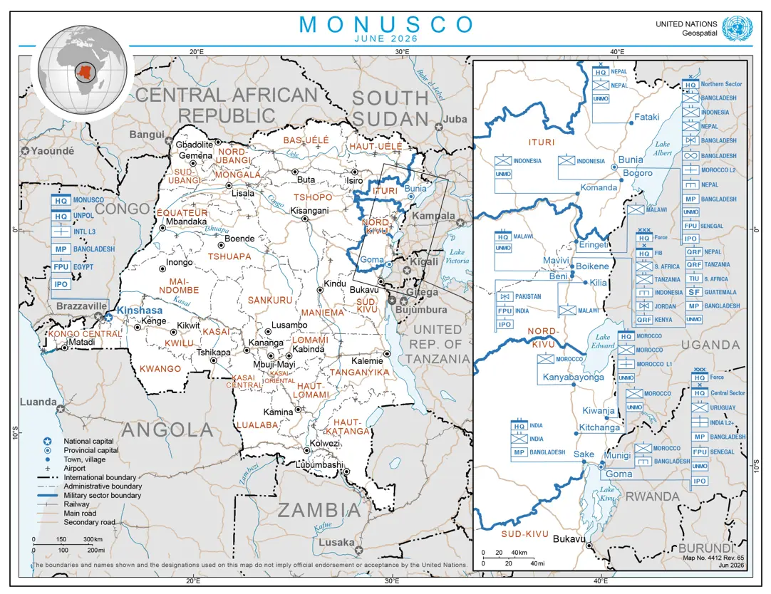 Figure 1: MONUSCO Deployment Map, June 2026 (UN Geospacial 2026).