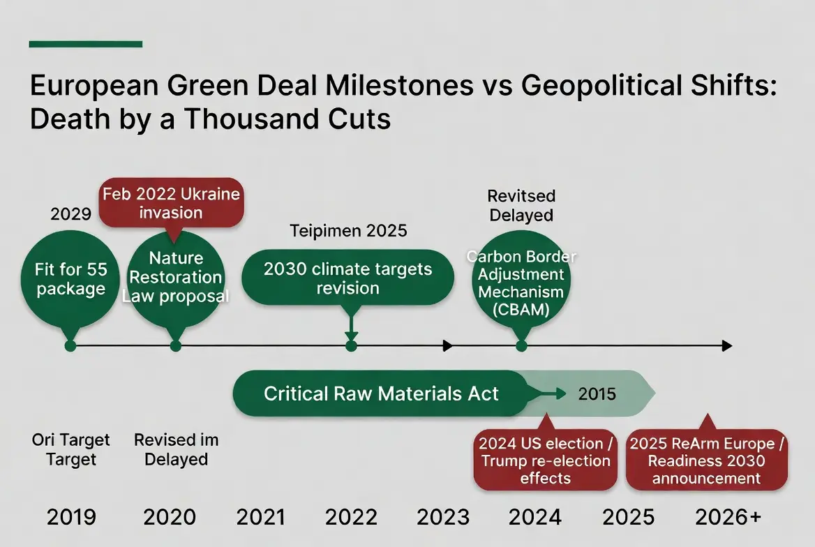 EU green deal milestones vs geopolitical shifts