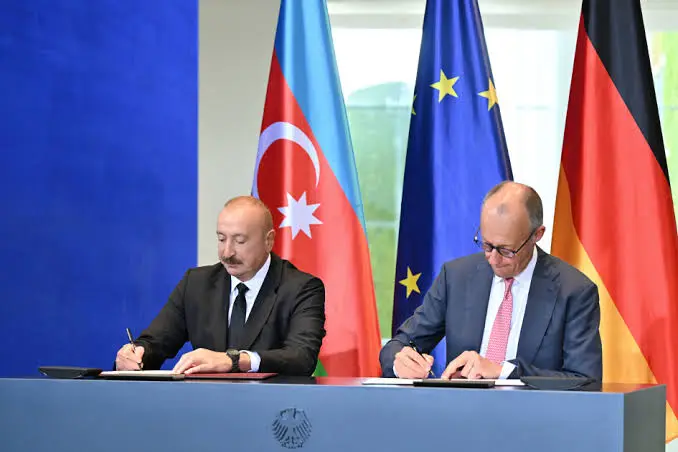 President Aliyev and Chancellor Merz at the Berlin signing ceremony, July 2026