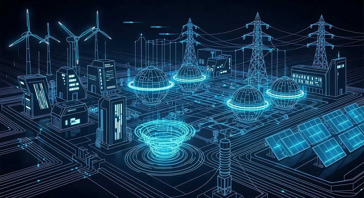 A decorative image showing core components of an energy system, such as electricity grids and renewable power sources.