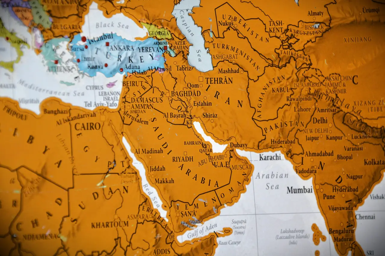 Close-up of a world map showing the middle east