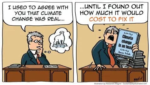 Editorial cartoon showing a man who accepts that climate change is real until he learns how much addressing it would cost.
