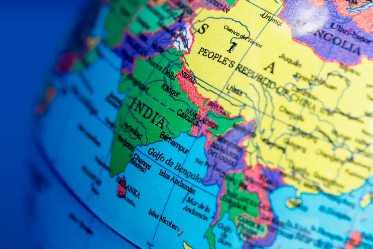 India and China on a global map.