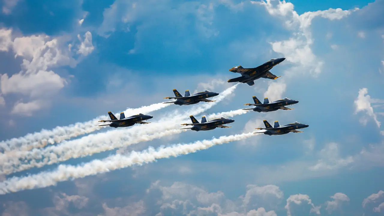 A group of fighter jets flying through a cloudy sky.
