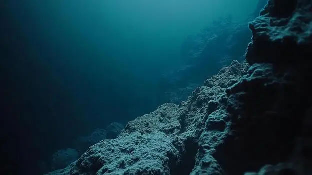 Underwater view of a rugged rocky seabed sloping into a deep, shadowy blue abyss, with faint light above creating a quiet, mysterious mood.
