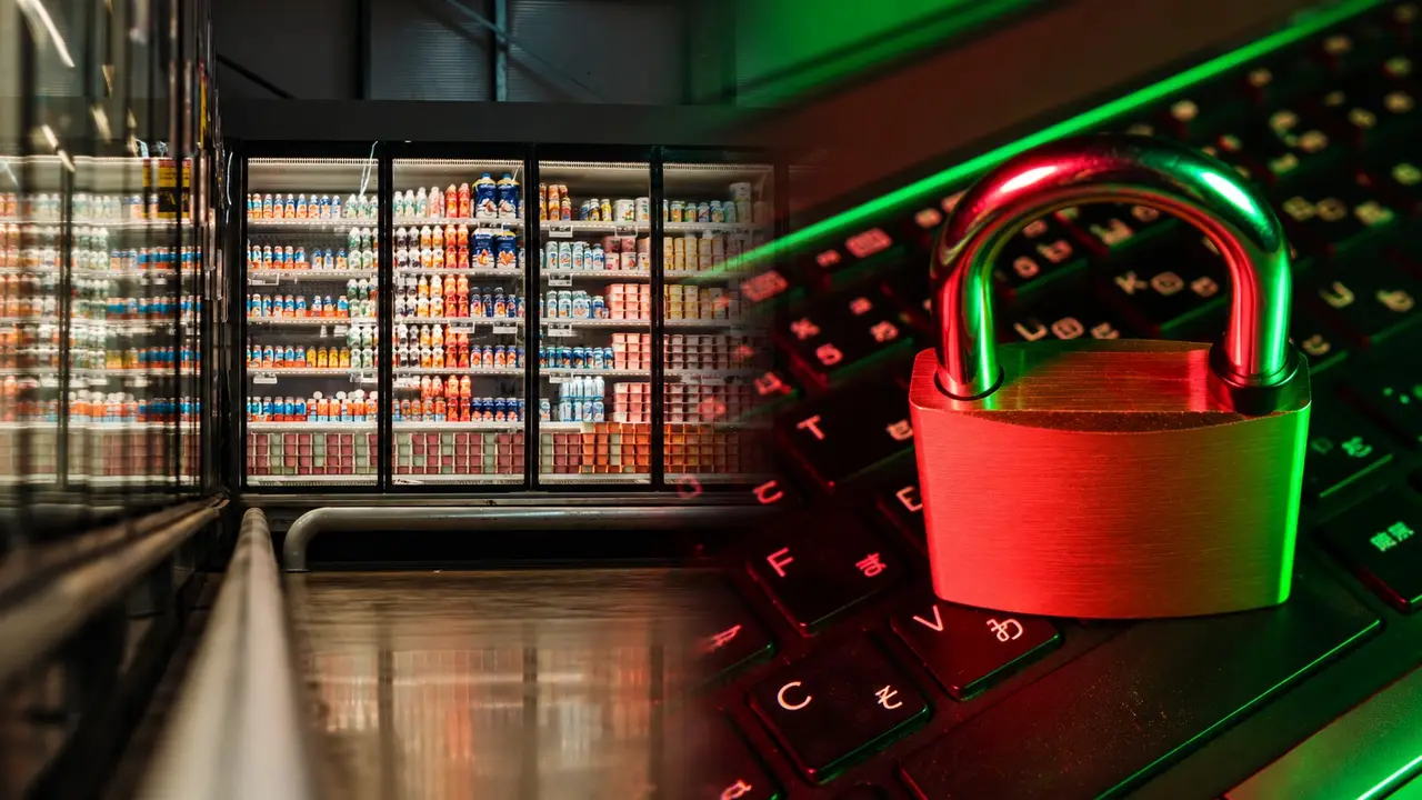 Supermarket shelves alongside a padlock on a computer keyboard, illustrating cybersecurity risks in the retail sector.